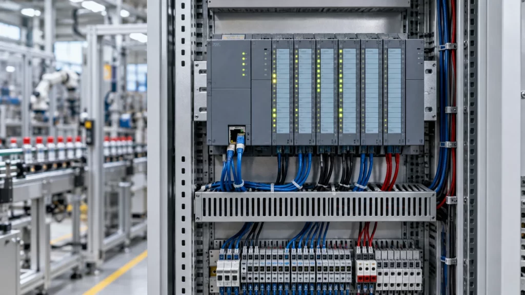 PLC e moduli di controllo in un quadro di automazione industriale