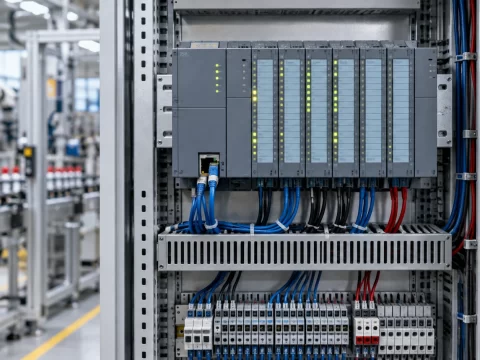 PLC e moduli di controllo in un quadro di automazione industriale